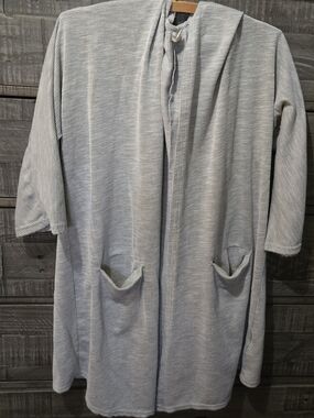 Donni Gray Pinstripe Open Front Cardigan OSFA Linen Cotton Blend Pockets